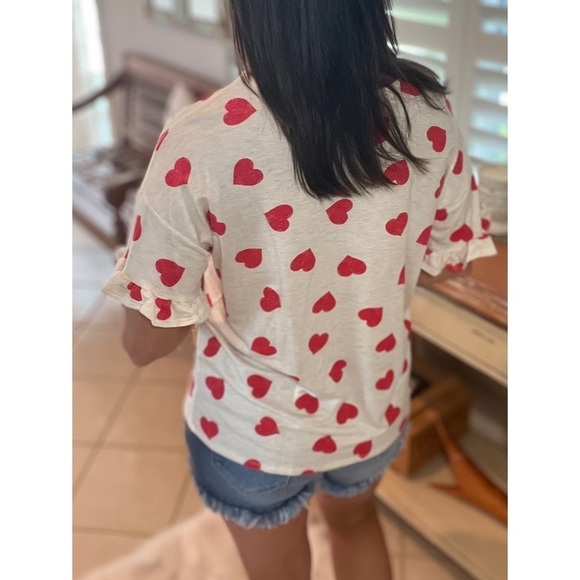 Heart Valentine Round Neck Short Ruffle Flutter Sleeve Top Red White 2522 - Picture 5 of 11